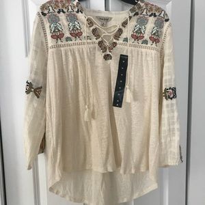 NWT Lucky Brand Embroidery LaceUp Peasant Boho Top